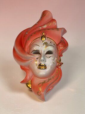 Vintage Hand-Painted Ceramic Wall Mask With Gold Accents - Elegant Coral & White